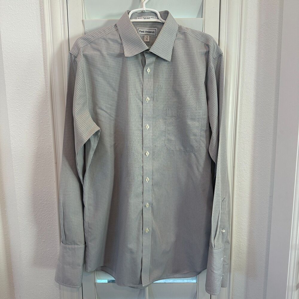 Paul Fredrick Dress Shirt 17" / 36" Trim Fit Non Iron Two Ply‎ Cotton Blue Plaid